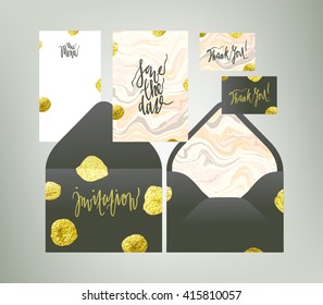 Tony peach pink marble textured wedding invitation suite. Stylish invitation cards, menu and envelope vector templates with calligraphy elements and glitter gold blots  on dusty grey background.