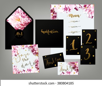 Tony Spring Inspired Wedding Invitation Suite Vector Template. Pink And White Variegated Peony Floral Textured Invitation Card, Table Cards, Menu And Envelope With Calligraphy Elements.