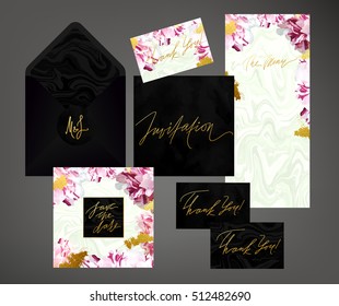 Tony wedding invitation suite vector template. Pink and white variegated peony floral textured card, menu envelope with calligraphy elements. Soft velvet, black marble textures.