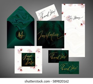 Tony wedding invitation suite vector template. Pink and white spring plum tree flowers floral textured card, menu envelope with calligraphy elements. Soft velvet, black marble textures.