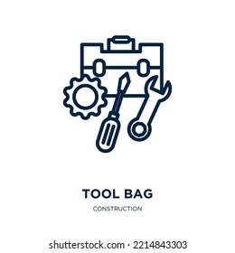 Tool Bag Icon From Construction Collection. Thin Linear Tool Bag, Tool, Business Outline Icon Isolated On White Background. Line Vector Tool Bag Sign, Symbol For Web And Mobile