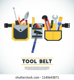 Tool belt poster. Conceptual image of tools for repair, construction and builder. Concept image of work wear. Cartoon flat vector illustration. Objects isolated on a background.