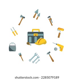 Tool box around. Worker's toolkit. Toolbox with hand tools. Workbox in flat style. Vector illustration