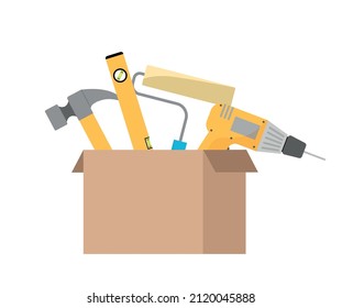 Reparatur von Werkzeugkasten, Bau von Gebäuden, Bohrer, Hammer, Schraubenzieher, Lineal, Bürste