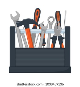 Tool box with collection of carpentry, mechanic, locksmith tools. Wrench, screwdriver, hammer, rasp, pliers Vector illustration isolated