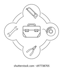 Tool box contents linear icons set. Construction tools. Hacksaw, spanner, insulating tape, pliers. Isolated vector illustrations