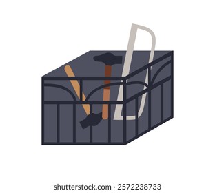 Tool box with hammer and handsaw inside. Portable toolbox for carpentry and repair service equipment, home DIY supplies storage. Flat graphic vector illustration isolated on white background