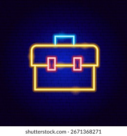 Señal de neón de la caja de herramientas. Ilustración vectorial del objeto de fontanero brillante en estilo brillante. Icono de la lámpara llevada del instrumento de reparación sobre fondo azul oscuro del ladrillo. 