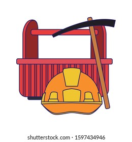 tool box with safety helmet and axe tool over white background, colorful design, vector illustration