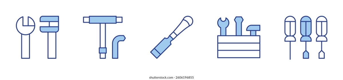 tool, tool box, set. Tools Icon vector illustration. Line Duotone style. Editable stroke.