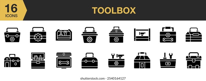Caixa de ferramentas ícone sólido definido. Inclui caixa de ferramentas e muito mais. Coleção vetorial de ícones sólidos.