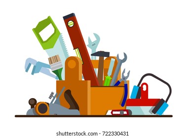 Tool box with tools. The box with the repair and construction working tools. Tool set repair and construction. Flat style. Flat design. Vector illustration Eps10 file