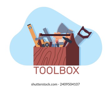 Tool box. Wooden container with different instruments for mechanic and carpenter. Hammer, saw and wrenches in chest. Professional worker objects, cartoon flat isolated vector concept