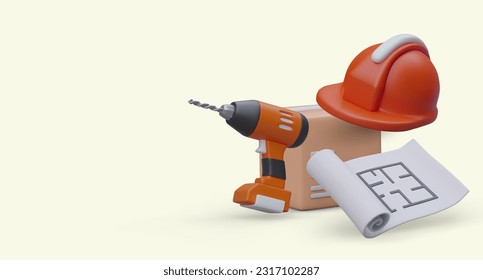 Tool box. Work equipment of architect, designer, builder. Realistic safety helmet, apartment plan, cordless drill. Equipment delivery service. Color 3D illustration on light background