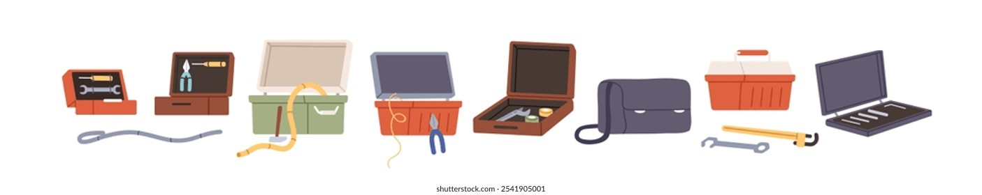 Tool boxes, kits, storage cases with repair and building accessories. Portable toolboxes, toolkits set. Professional DIY construction equipment. Flat vector illustration isolated on white background