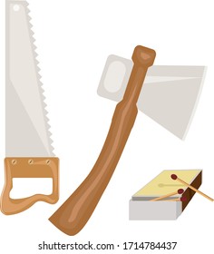 Tool for building a saw, an ax and matches. Construction tools vector image