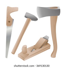 Tool carpenter ax, saw, hammer, plane. Colored vector illustration.