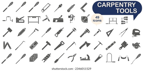 Tool for carpentry workshop. Collection of dark full icons of carpentry tools. Vector illustration. EPS 10.