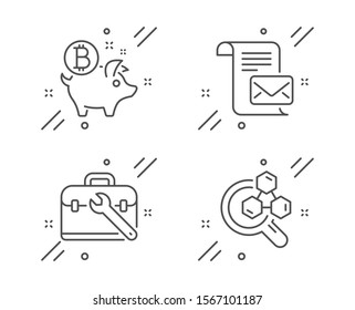 Tool case, Bitcoin coin and Mail letter line icons set. Chemistry lab sign. Repair service, Piggy bank, Read e-mail. Lab research. Technology set. Line tool case outline icon. Vector