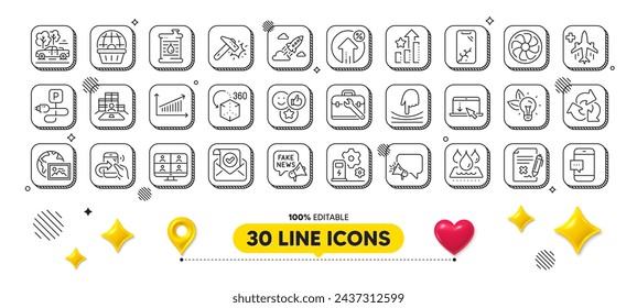 Werkzeugkoffer, Aufladen des Parkplatzes und Hammer Blow Line Icons Pack. 3D-Designelemente. Megafon, Videokonferenz, Inventar Web-Symbol. Ablehnungsdatei, Medizinischer Flug, Smartphone defektes Piktogramm. Vektor