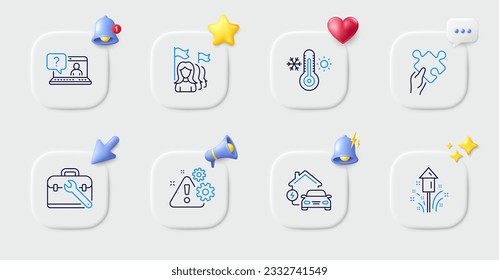 Tool case, Faq and Home charging line icons. Buttons with 3d bell, chat speech, cursor. Pack of Feminism, Puzzle, Warning icon. Thermometer, Fireworks pictogram. For web app, printing. Vector