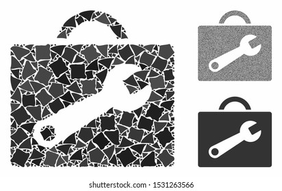 Tool case mosaic of trembly pieces in variable sizes and color tones, based on tool case icon. Vector rough pieces are combined into collage. Tool case icons collage with dotted pattern.
