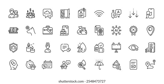 Tool case, Statistic and Car registration line icons pack. AI, Question and Answer, Map pin icons. Weather forecast, Aroma candle, Discounts calendar web icon. Vector