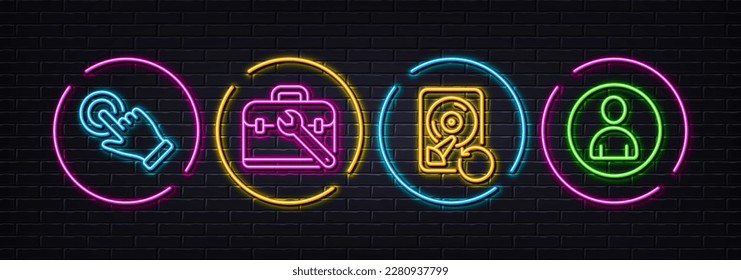 Caso de herramienta, gesto de pantalla táctil y recuperación tenían iconos de línea mínimos. Luces 3d láser neón. Iconos de avatar. Para web, aplicación, impresión. Servicio de reparación, Haga clic con la mano, Información de copia de seguridad. Perfil de usuario. Vector