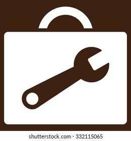 Tool Case vector icon. Style is flat symbol, white color, rounded angles, brown background.