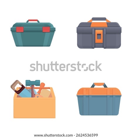 Tool chest icons set cartoon vector. Toolbox with hand instrument inside. Construction and repair tool