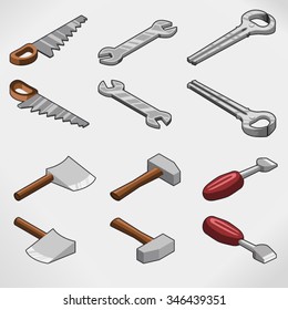 Tool collection including hammer, axe, saw, wrench, screw driver, pliers (isometric view)
