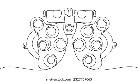 Ein Werkzeug zur Diagnose von Sehvermögen. Manueller ophthalmischer Refraktor. Tag des Ophthalmologen. Eine Zeilenzeichnung für verschiedene Verwendungszwecke. Vektorgrafik.