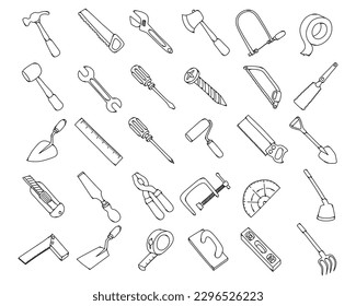 Tool Doodle vector icon set. Drawing sketch illustration hand drawn line.