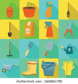 Tool of gardening vector flat icon. Set isolated illustration shovel,pack and equipment for farm.Vector set of icon gardening equipment.