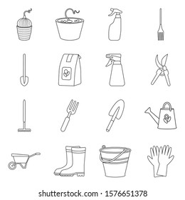 Tool of gardening vector line icon. Set isolated illustration shovel,pack and equipment for farm.Vector set of icon gardening equipment.