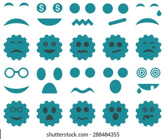 Tool, gear, smile, emotion icons. Vector set style: bicolor flat images, soft blue symbols, isolated on a white background.
