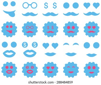 Tool, gear, smile, emotion icons. Vector set style: bicolor flat images, pink and blue symbols, isolated on a white background.
