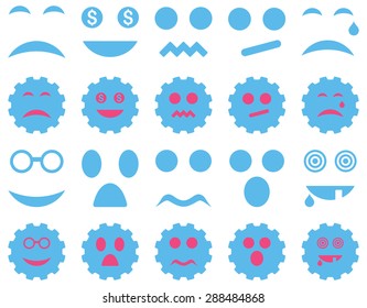 Tool, gear, smile, emotion icons. Vector set style: bicolor flat images, pink and blue symbols, isolated on a white background.
