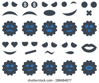 Tool, gear, smile, emotion icons. Vector set style: bicolor flat images, smooth blue symbols, isolated on a white background.