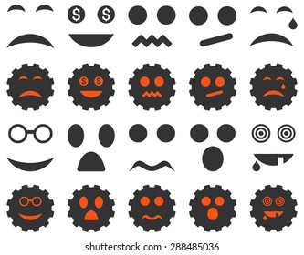 Tool, gear, smile, emotion icons. Vector set style: bicolor flat images, orange and gray symbols, isolated on a white background.