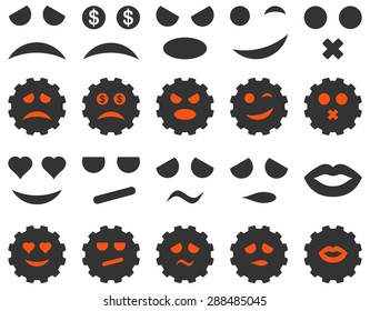 Tool, gear, smile, emotion icons. Vector set style: bicolor flat images, orange and gray symbols, isolated on a white background.
