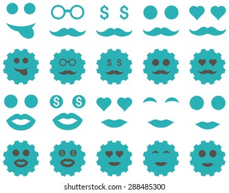 Tool, gear, smile, emotion icons. Vector set style: bicolor flat images, grey and cyan symbols, isolated on a white background.