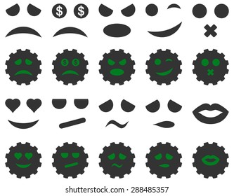 Tool, gear, smile, emotion icons. Vector set style: bicolor flat images, green and gray symbols, isolated on a white background.