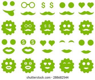 Tool, gear, smile, emotion icons. Vector set style: flat images, eco green symbols, isolated on a white background.