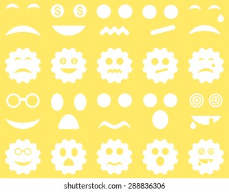 Tool, gear, smile, emotion icons. Vector set style: flat images, white symbols, isolated on a yellow background.