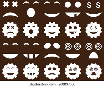 Tool, gear, smile, emotion icons. Vector set style: flat images, white symbols, isolated on a brown background.