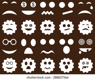 Tool, gear, smile, emotion icons. Vector set style: flat images, white symbols, isolated on a brown background.