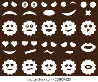 Tool, gear, smile, emotion icons. Vector set style: flat images, white symbols, isolated on a brown background.