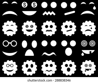Tool, gear, smile, emotion icons. Vector set style: flat images, white symbols, isolated on a black background.