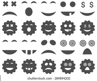 Tool, gear, smile, emotion icons. Vector set style: flat images, gray symbols, isolated on a white background.